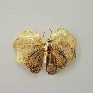 Butterfly Pin Brooch 2" Delicate Women Girl Costume Gold Tone Metal Jewelry